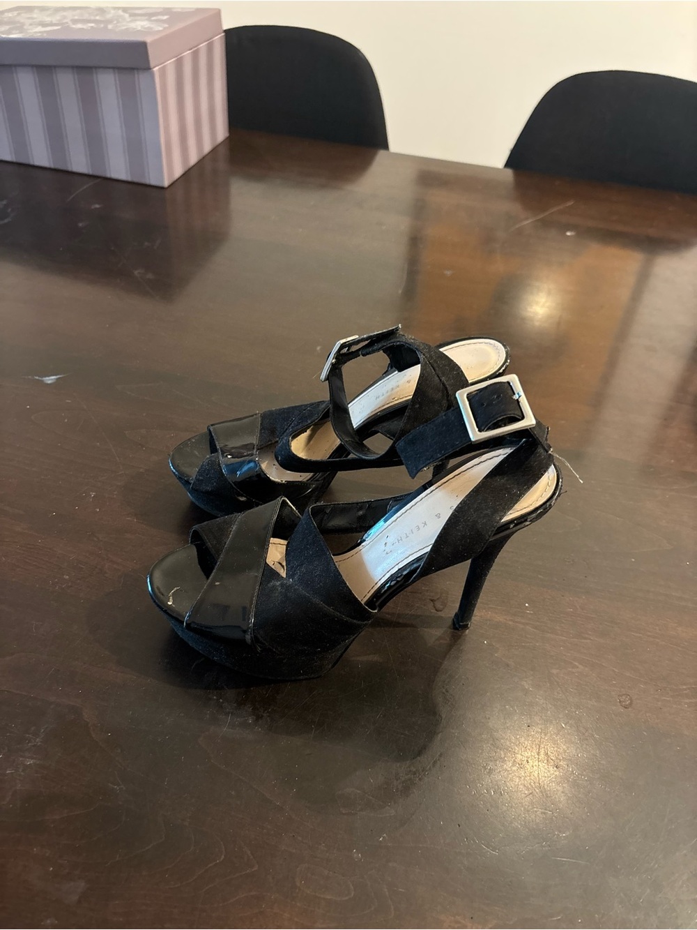 Charles & Keith Black Suede and Patent Platform Heels with Buckle